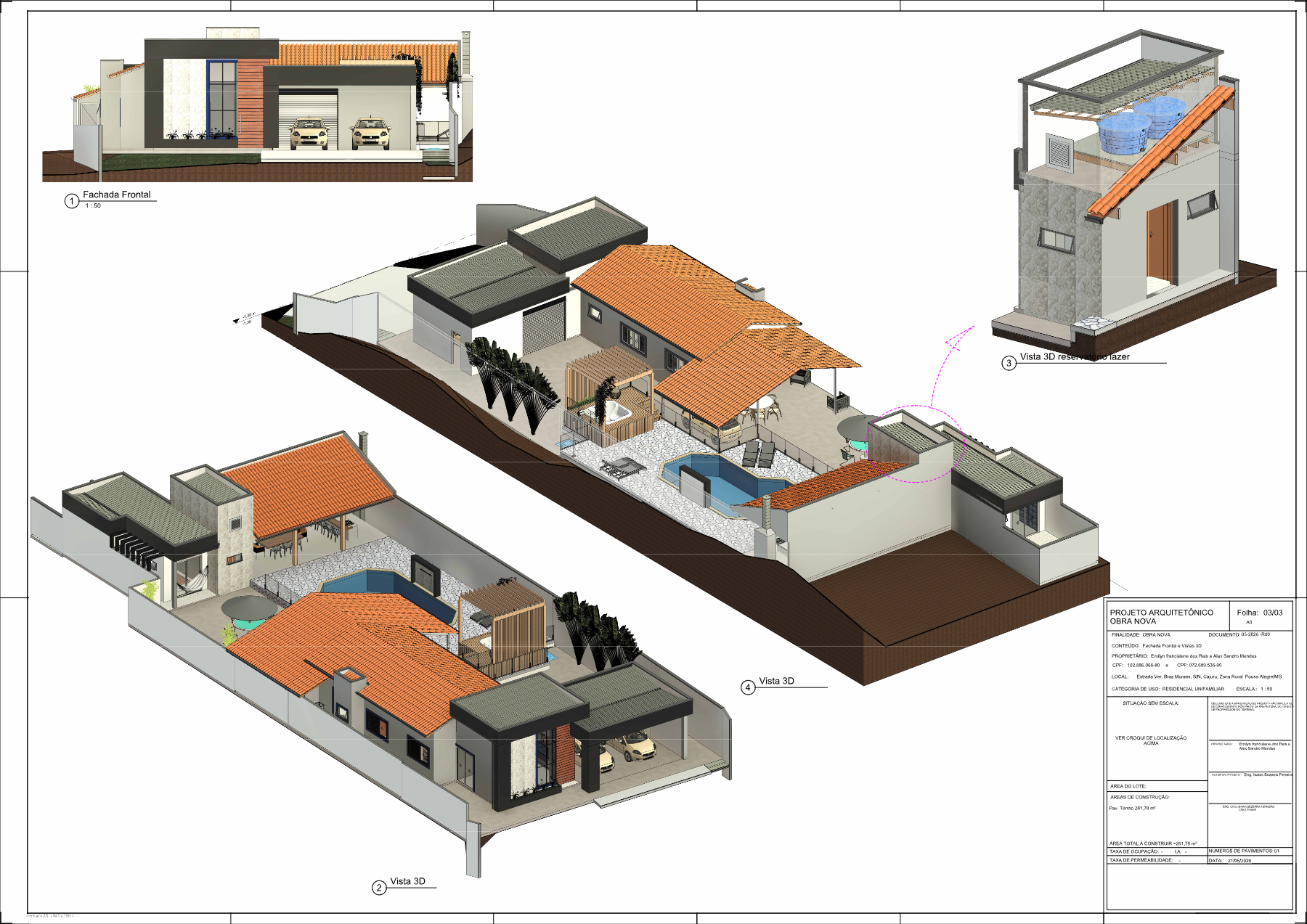Fachada frontal e vistas 3D residencial