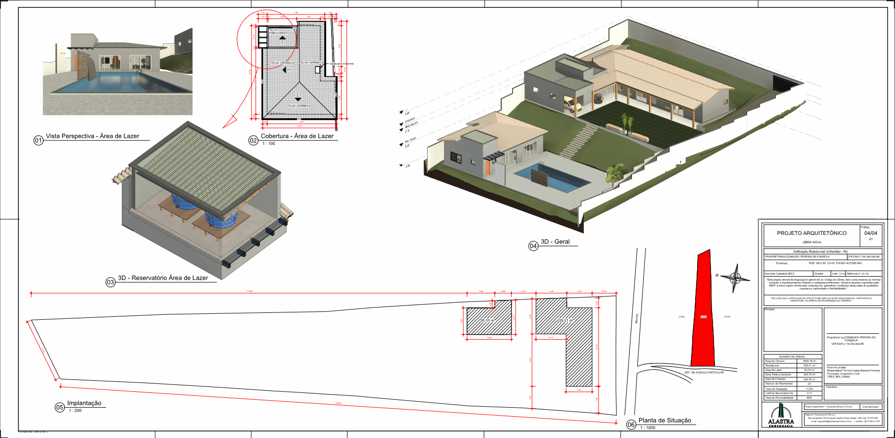 Vista 3D geral residencial com piscina, prancha completa